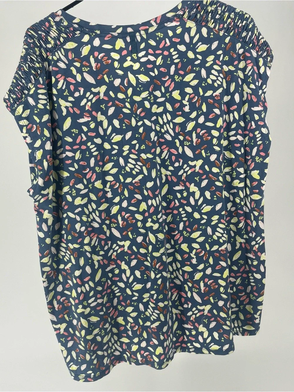 L.L. Bean Navy V-Neck Cap-Sleeve Top with Pink and Lime Leaf Print